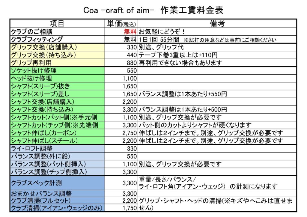 工房の作業工賃料金の変更のお知らせ - aim（エイム）